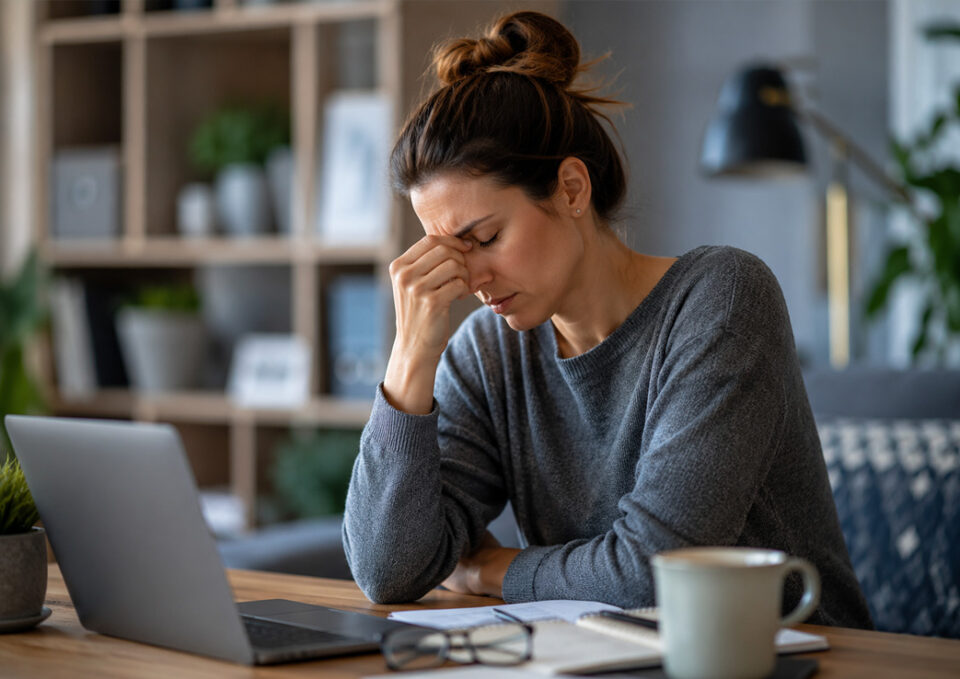 Erschöpfte Frau im Homeoffice mit Kopfschmerzen und Stresssymptomen als Symbol für chronische Entzündungen, Silent Inflammation und ganzheitliche Schmerztherapie.